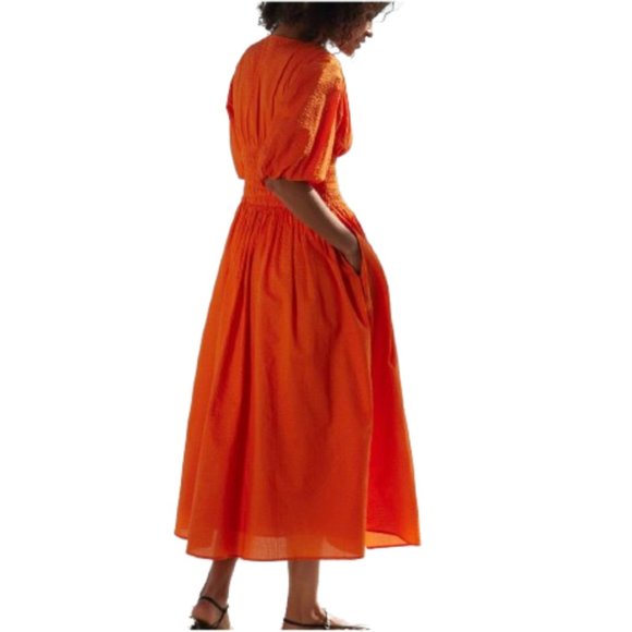 AYR Extra Extra Cotton Poplin Maxi Dress Womens Medium Orange V-Neck Smocked - Picture 2 of 12